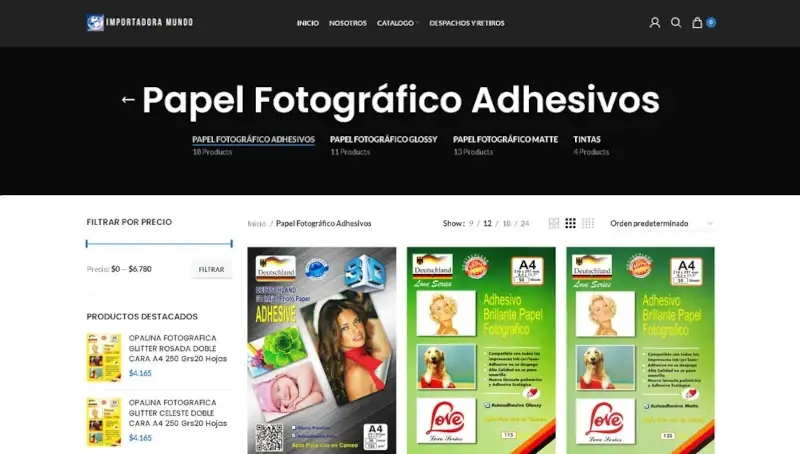 Sitio web / Suministros como papel fotográfico, guillotinas, pizarras y tintas para empresas.